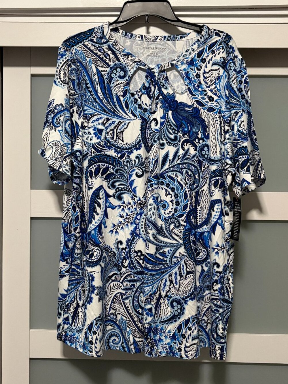 Jessica London Women's Top sz 22/24 BLue Paisley S/S Keyhole Neck NWT NEW